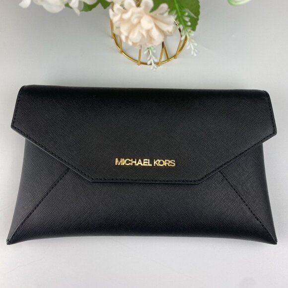 Michael Kors 35F9GTTC6L Jet Set Medium Leather Envelope Clutch in Black - Picture 1 of 9